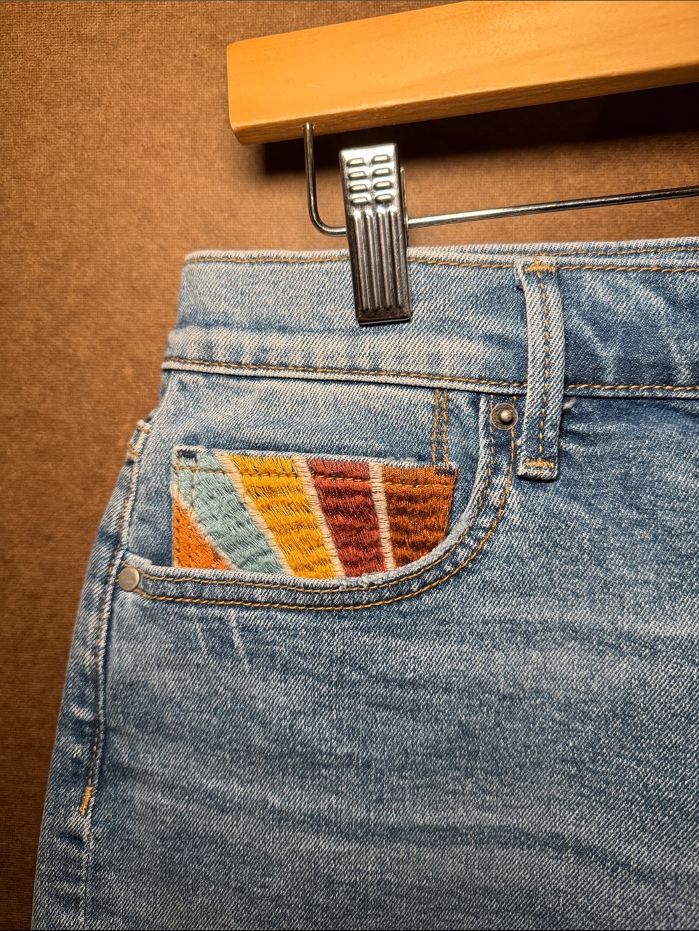 Women's Light Blue Denim Shorts with Embroidered Sunburst Pockets - Picture 3 of 4